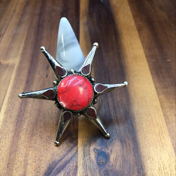 Red Stone Star Ring, Afghan Massive Ring, Handmade Statement Stone Ring, Boho - Picture 5 of 14